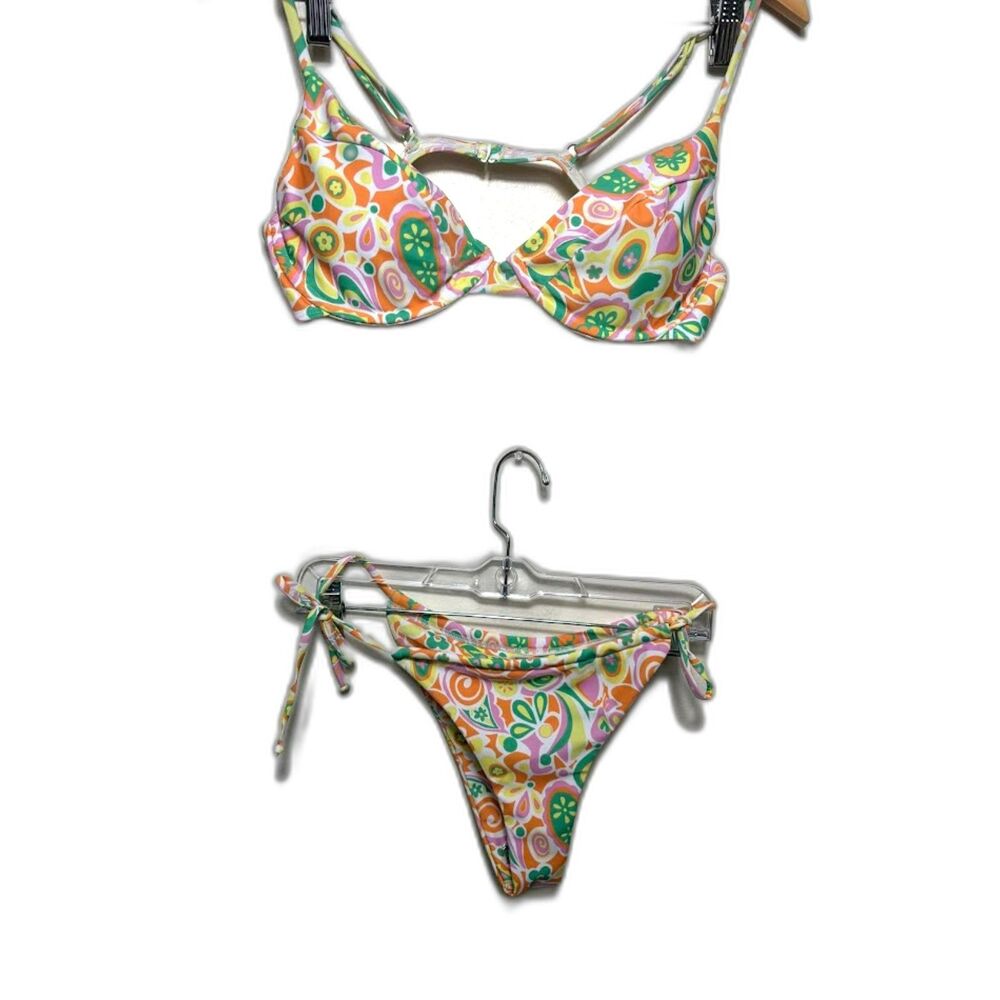 AURELLE Swimsuit Women's Size L/XL Pink Multicolor 60s Groovy Floral Bikini NWT